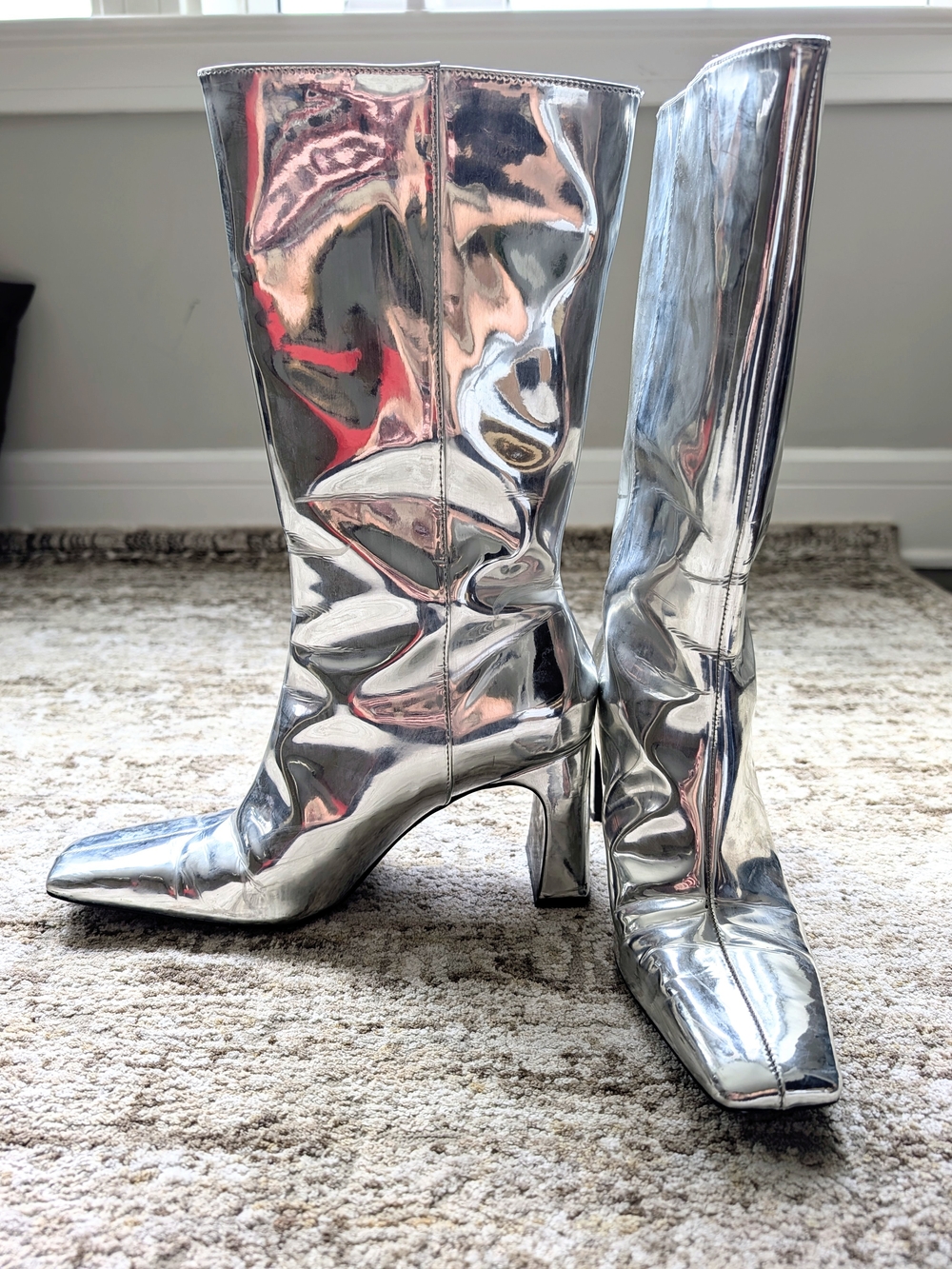 Zara Silver Metallic Mid-Calf Block Square Toe Heeled Boot